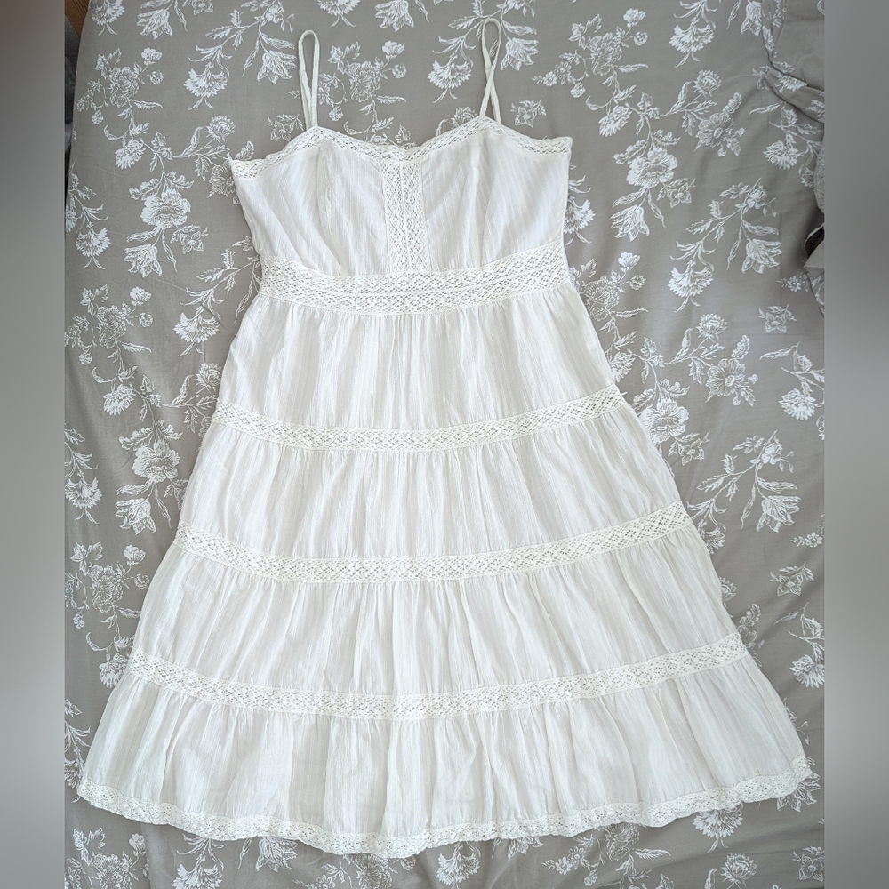 White tiered sundress with crochet lace insets